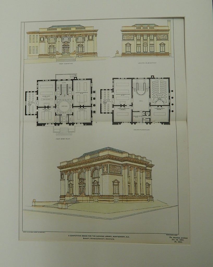 Competitive Design for the Carnegie Library, Montgomery, AL, 1901. Original Plan. Barnett, Haynes, & Barnett.