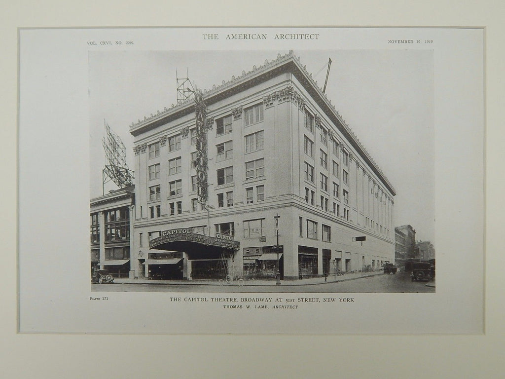 Exterior, The Capitol Theatre, Broadway & 51st, New York, NY, 1919, Lithograph. Thomas W. Lamb.
