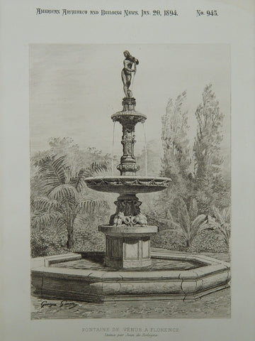 Fountain of Venus in Florence, Italy, 1894.  Jean de Bologne. Original