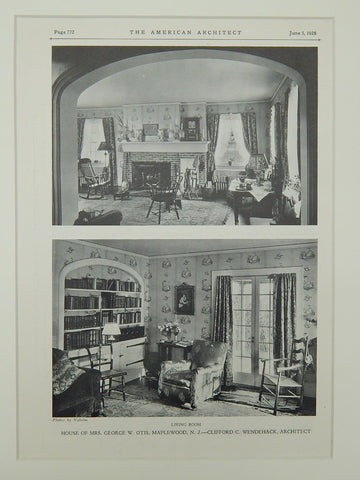 Living Room, House of Mrs. George W. Otis, Maplewood, NJ, 1928, Lithograph. Clifford C. Wendehack.