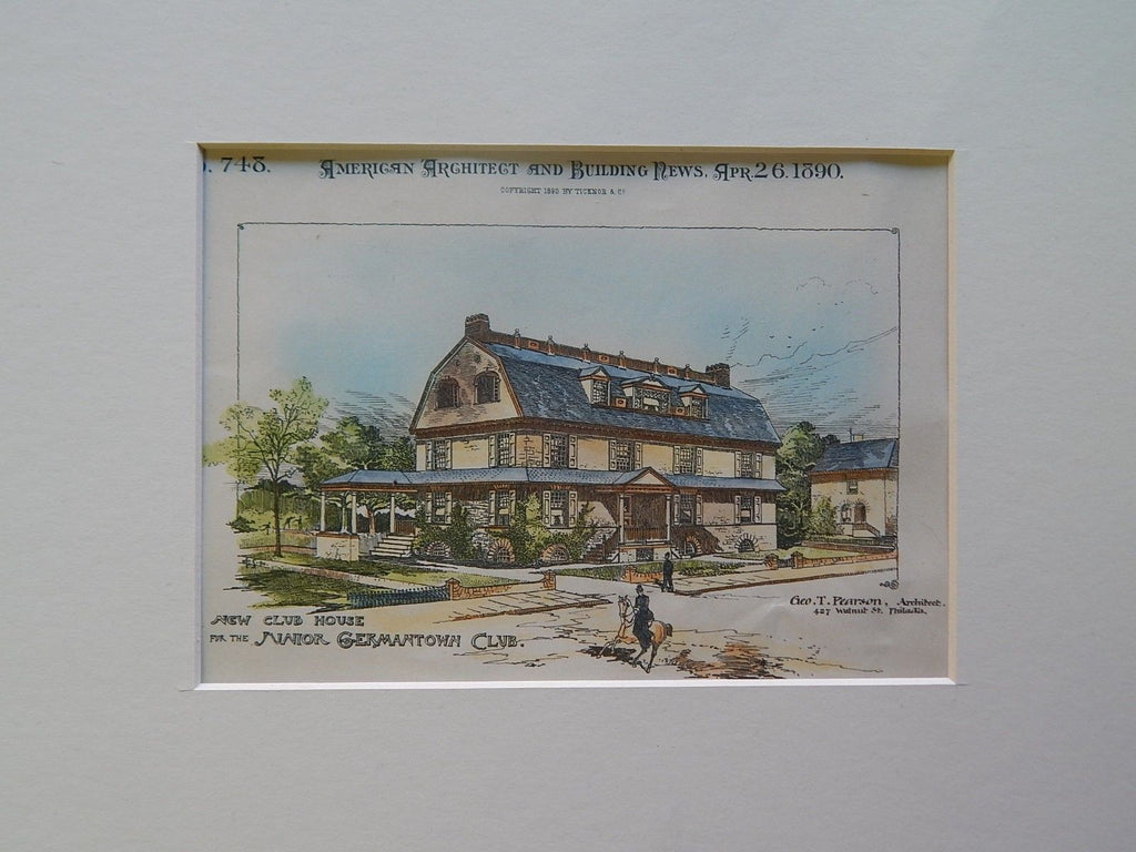 Club House for the Junior Germantown Club, Germantown, PA, 1890. Original Plan. Geo. T. Pearson.