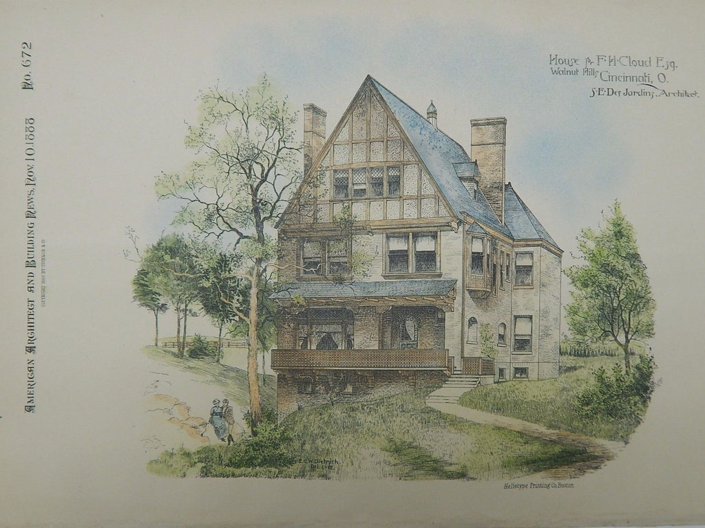House for F. H. Cloud, Walnut Hills, Cincinnati, OH, 1888, Original Plan. S. E. Des Jardins.