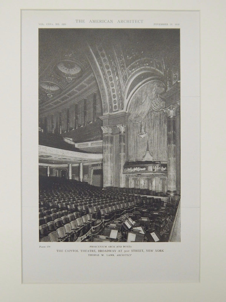 Proscenium Arch & Boxes, The Capitol Theatre, New York, NY, 1919, Lithograph. Thomas W. Lamb.