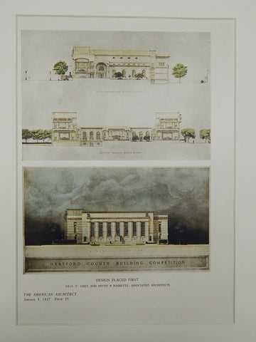 Design for the Hartford County Building in Hartford CT, 1927. Paul P. Cret and Smith & Bassette