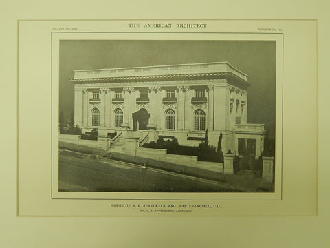 Exterior, House of A. B. Spreckels, San Francisco, CA, 1914, Lithograph. G. A. Applegarth.