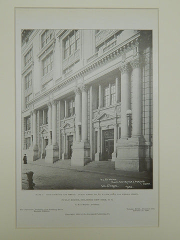 Main Entrance, Public School No. 62, New York, NY, 1908, Lithograph. C. B. J. Snyder.