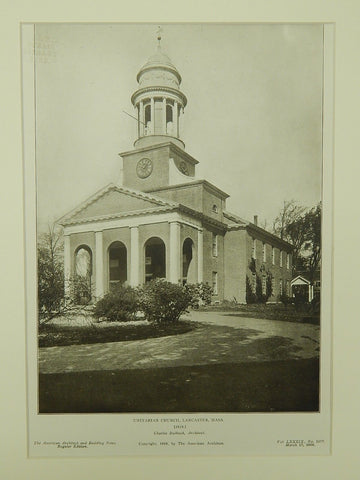 Unitarian Church, Lancaster, MA, 1906, Lithograph. Charles Bulfinch.