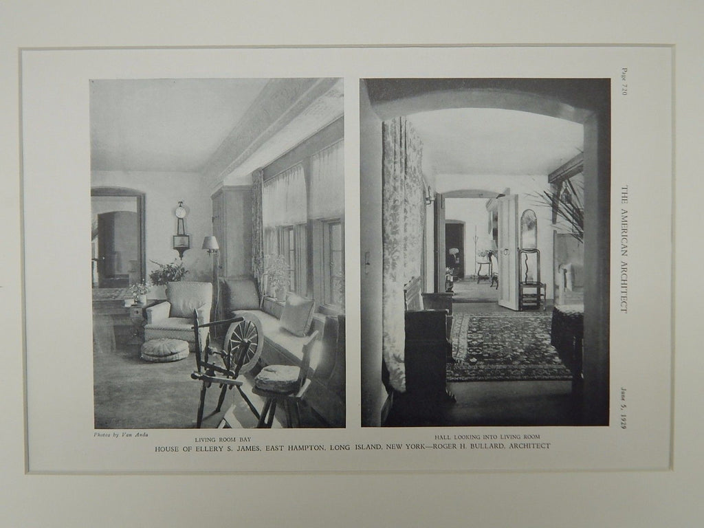 Living Room & Hall, House of Ellery S. James, East Hampton, NY, 1929, Lithograph. Roger H. Bullard.