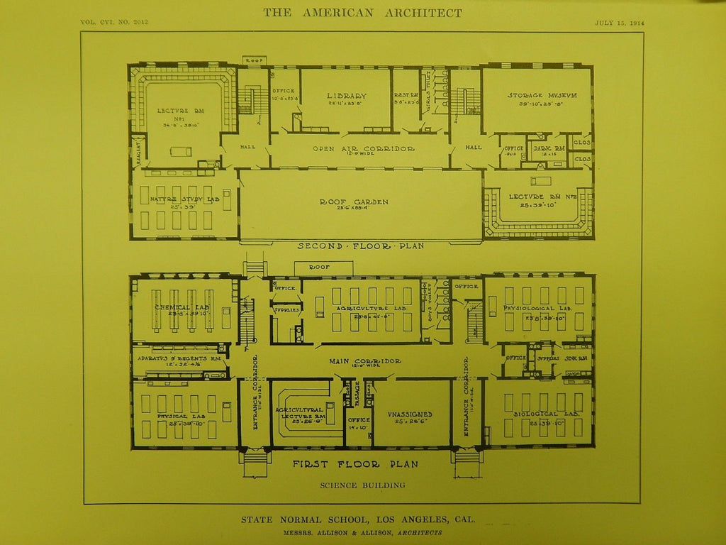 Science Building Floors, State Normal School, Los Angeles, CA, 1914, Orig. Plan. Allison&Allison