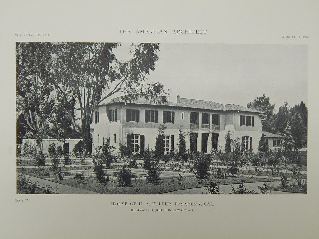 Exterior, House of H. A. Fuller, Pasadena, CA, 1918, Lithograph. Reginald D. Johnson.