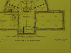 Floor Plans, Library, Furman University, Greenville, SC, 1906, Original Plan.  Frank E. Perkins.