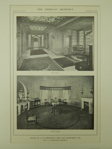 Hall & Dining Room, A. B. Spreckels House, San Francisco, CA, 1914, Lithograph.  G. A. Applegarth.