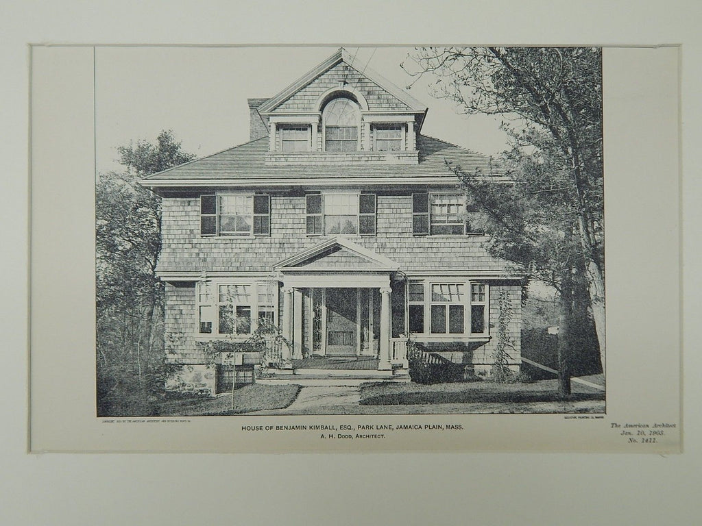 House of Benjamin Kimball, Park Lane, Jamaica Plain, MA, 1903, Photogravure. A. H. Dood