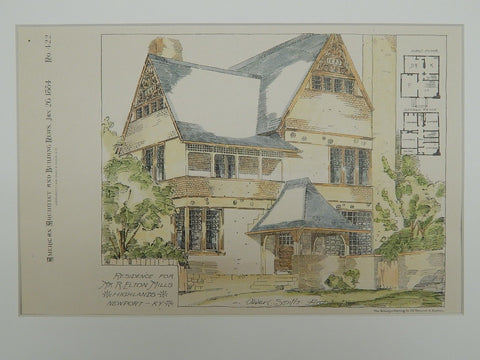 Residence for Mr. R. Elton Mills, Newport, KY, 1884, Original Plan. Oliver C. Smith.