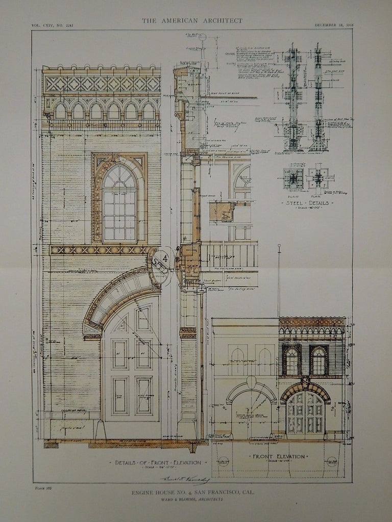 Details & Elevation, Engine House No. 4, San Francisco, CA, 1918, Original Plan. Ward & Blohme.
