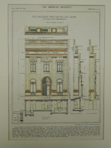 Details of the New Building for the Mutual Bank in New York NY, 1911. Donn Barber