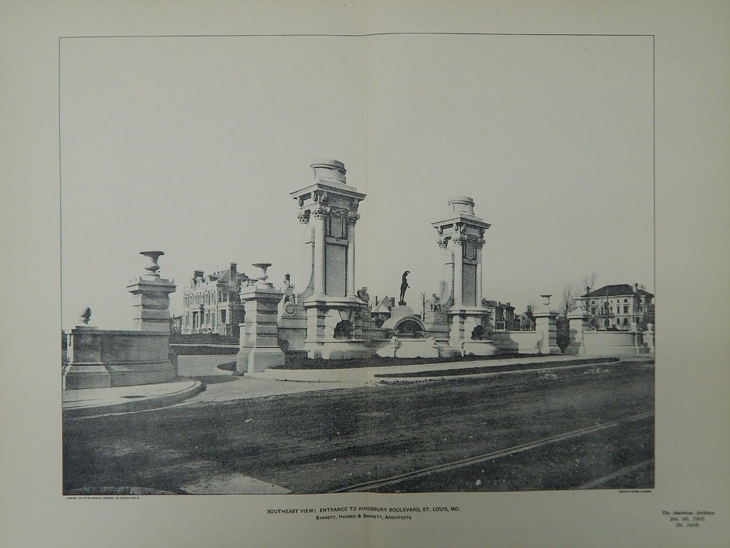 Southeast View, Entrance to Kingsbury Boulevard, St. Louis, MO, 1902, Lithograph. Barnett, Heynes & Barnett.