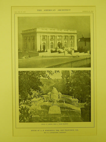 Exterior & Garden, A. B. Spreckels House, San Francisco, CA, 1914, Lithograph. G. A. Applegarth.