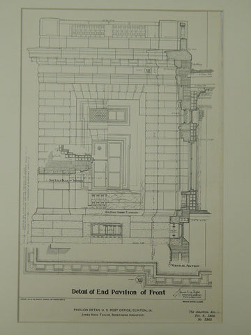 Pavilion Detail, U.S. Post Office, Clinton, IA, 1902, Original Plan. James Knox Taylor.