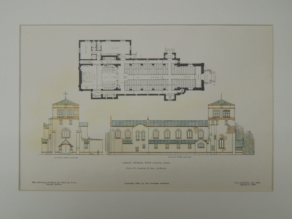 Elevations and Floor Plan, Christ Church, West Haven, CT, 1906, Original Plan. Henry M. Cogdon & Sons.