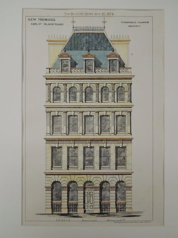 New Premises, Earl Street, Blackfriars, London, UK, 1874, Original Plan. T. Chatfield Clarke.