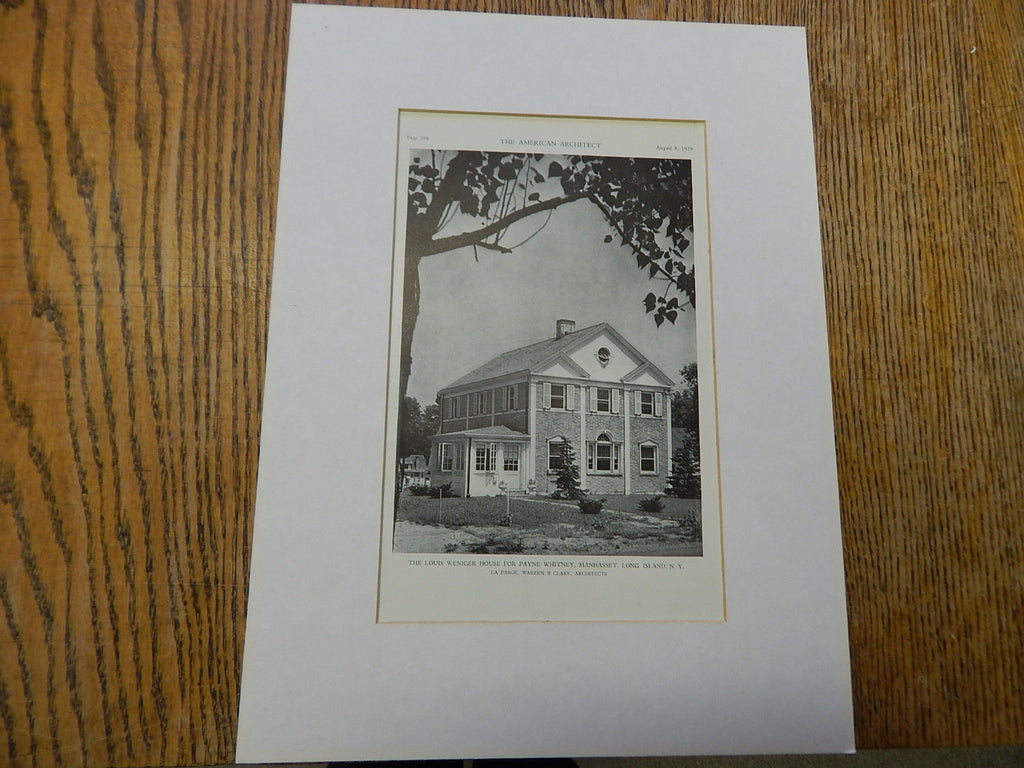 Louis Weniger House for Payne Whitney, Manhasset, Long Island, NY,1929, Lithograph. La Farge, Warren & Clark.
