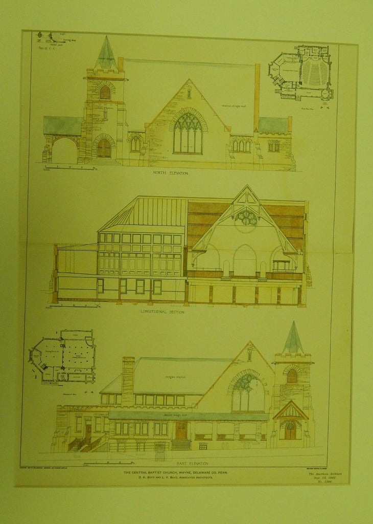 Central Baptist Church, Wayne, Delaware County, PA, 1902. Original Plan. Boyd & Boyd.