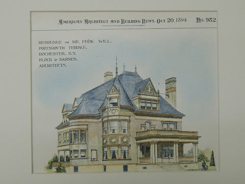 Residence for Mr. Frederick Will, Rochester, NY, 1894, Original Plan. Block & Barnes.