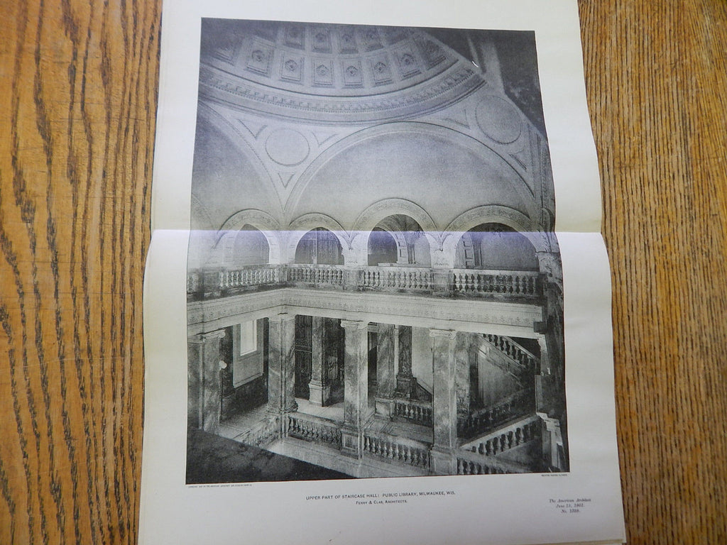 Upper Part of Staircase Hall:Public Library, Milwaukee, WI,1901, Lithograph. Ferry & Clas.