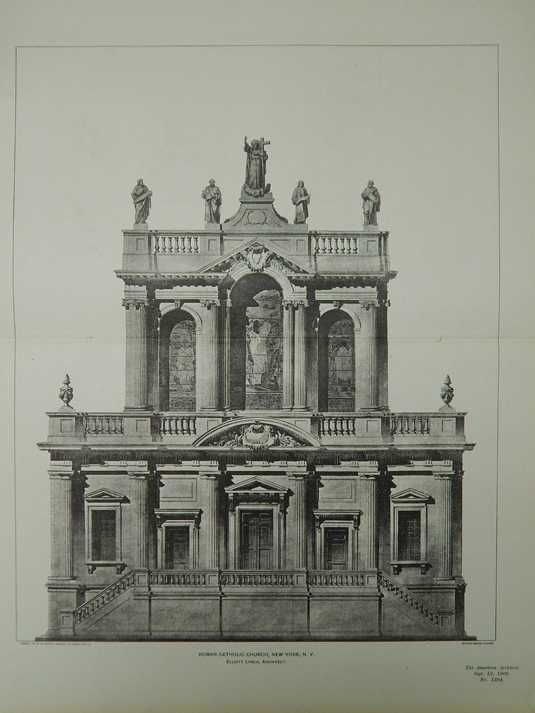 Elevation, Roman Catholic Church, New York, NY, 1902, Lithograph. Elliott Lynch.