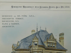 Residence for Mr. Frederick Will, Rochester, NY, 1894, Original Plan. Block & Barnes.