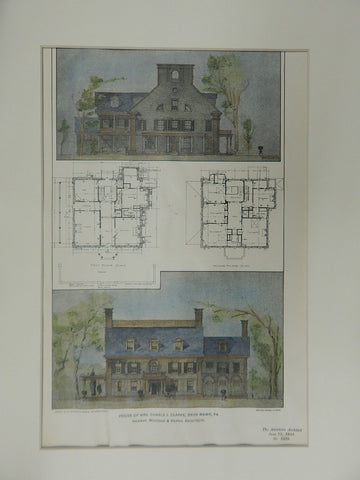 House of Mrs. Charls J. Clarke, Bryn Mawr, PA, 1901, Original Plan. Newman, Woodman & Harris.
