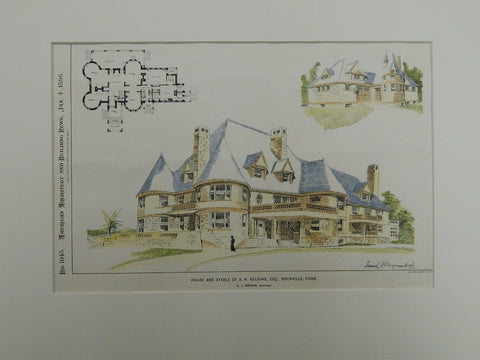 House & Stable of A.N. Belding, Esq., Rockville, CT, 1896. Original Plan. Brown.