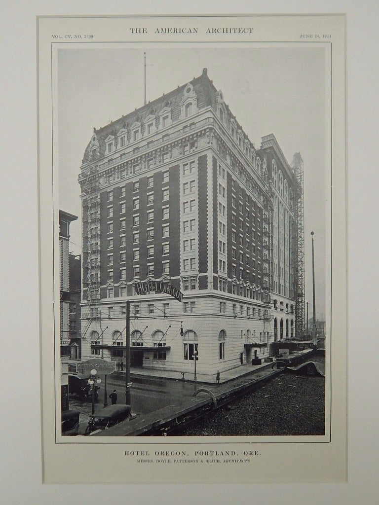 Exterior, Hotel Oregon, Portland, OR, 1914, Lithograph. Doyle, Patterson & Beach.