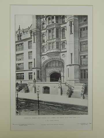Entrance, Morris High School, New York, NY, 1905, Lithograph. C. B. J. Snyder.