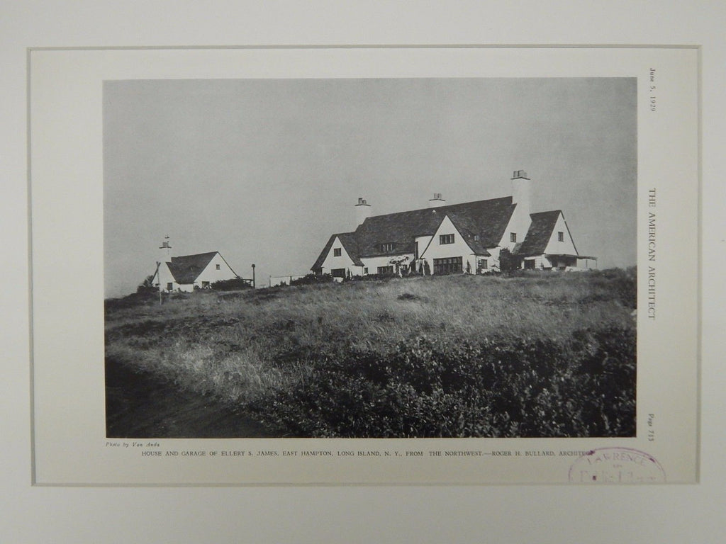 House and Garage of Ellery S. James, East Hampton, NY, 1929, Lithograph. Bullard.
