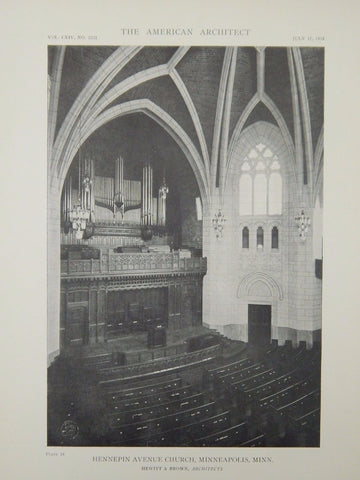 Interior, Hennepin Avenue Church, Minneapolis, MN, 1918, Lithograph. Hewitt & Brown.