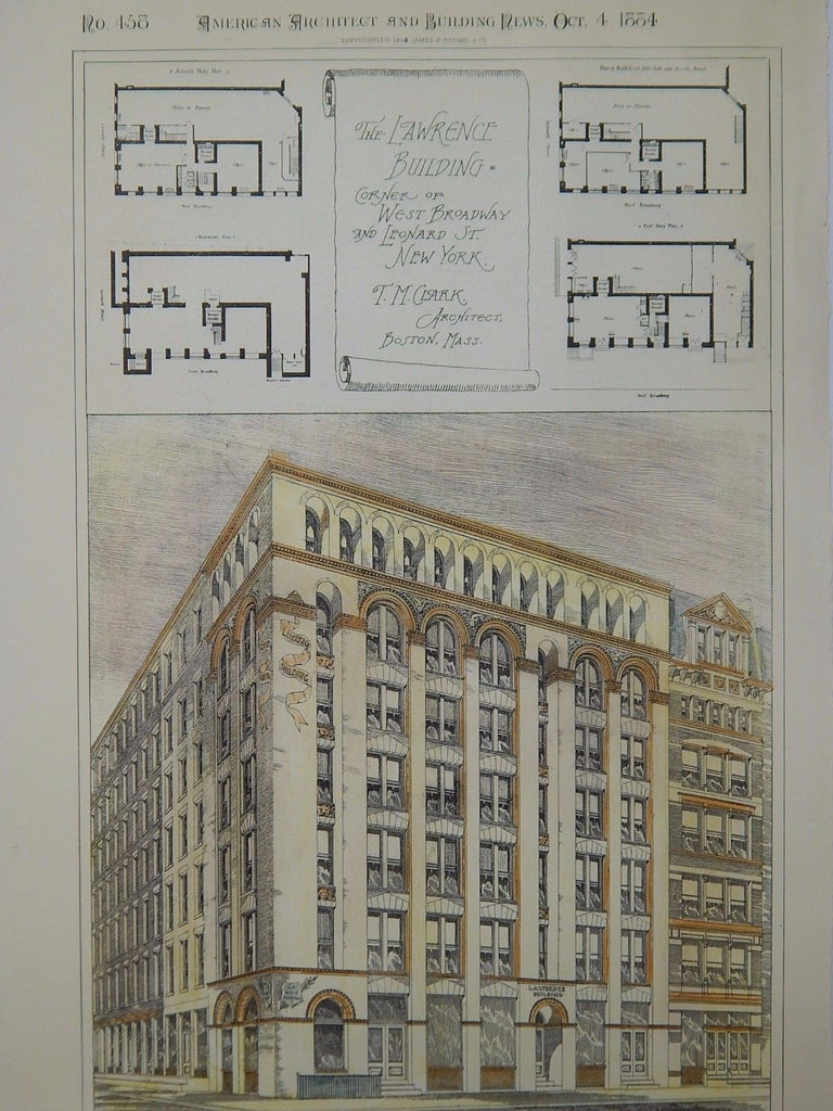 The Lawrence Building, West Broadway & Leonard, New York, NY, 1884, Original Plan. T.M. Clark.