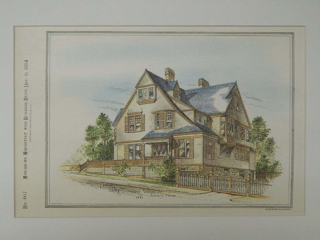 House for Leonard Ware Jr., Roxbury, MA, 1884, Original Plan. Sanford Phipps.