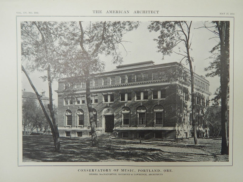 Conservatory of Music, Portland, OR, 1914, Lithograph. MacNaughton, Raymond & Lawrence.