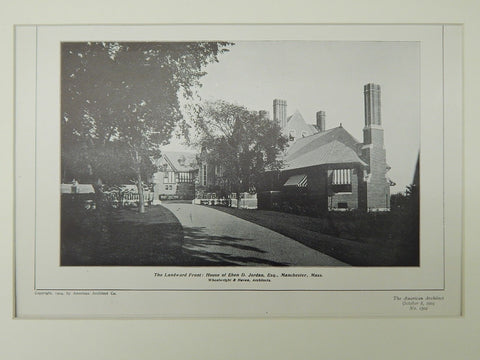 The Landward Front, House of Eben D. Jordan, Manchester, MA, 1904, Lithograph. Wheelwright & Haven.