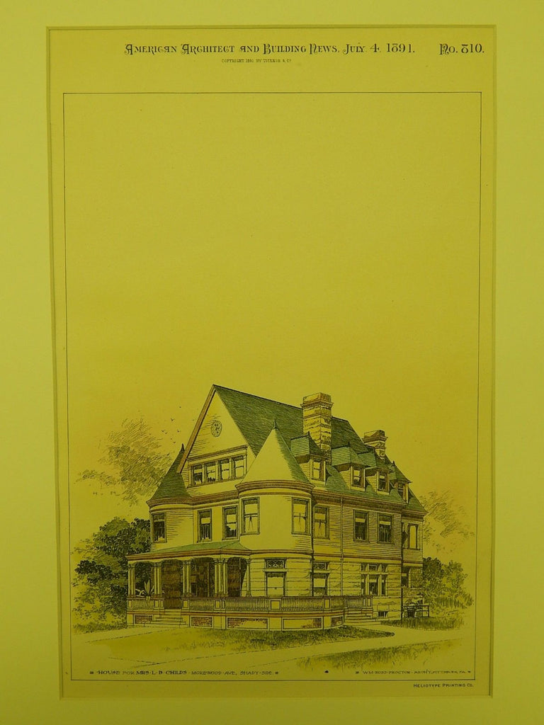 House for Mrs. L. B. Childs in Shady-Side PA, 1891. Wm. Ross Proctor. Original