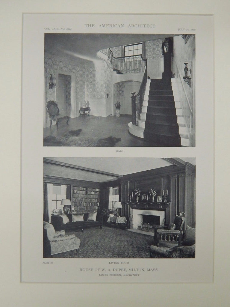 Interior, House of W. A. Dupee, Milton, MA, 1918, Lithograph. James Purdon.
