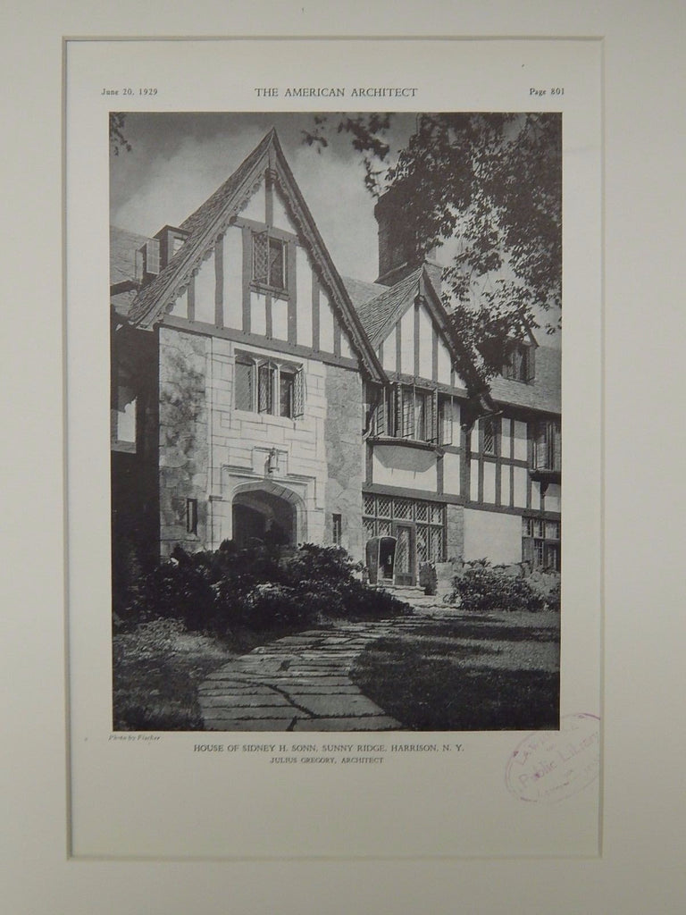 House of Sidney H. Sonn, Sunny Ridge, Harrison, NY, 1929, Lithograph. Julius Gregory.