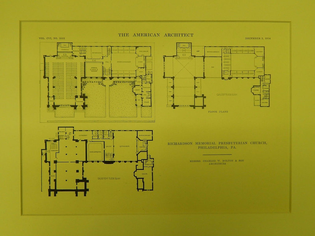 Floors, Richardson Memorial Presbyterian Church, Philadelphia, PA, 1914, Original Plan. Bolton & Son.