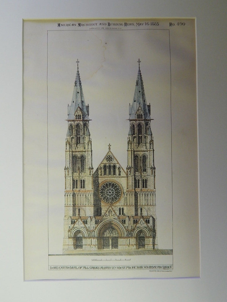 New Cathedral of All Saints, W Front, Albany, NY, 1885. Original Plan. Gibson.