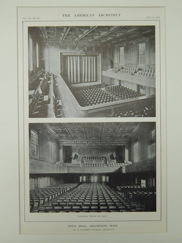 Interior Views of Hall, Town Hall, Arlington, MA, 1914, Lithograph. R. Clipton Sturgis.