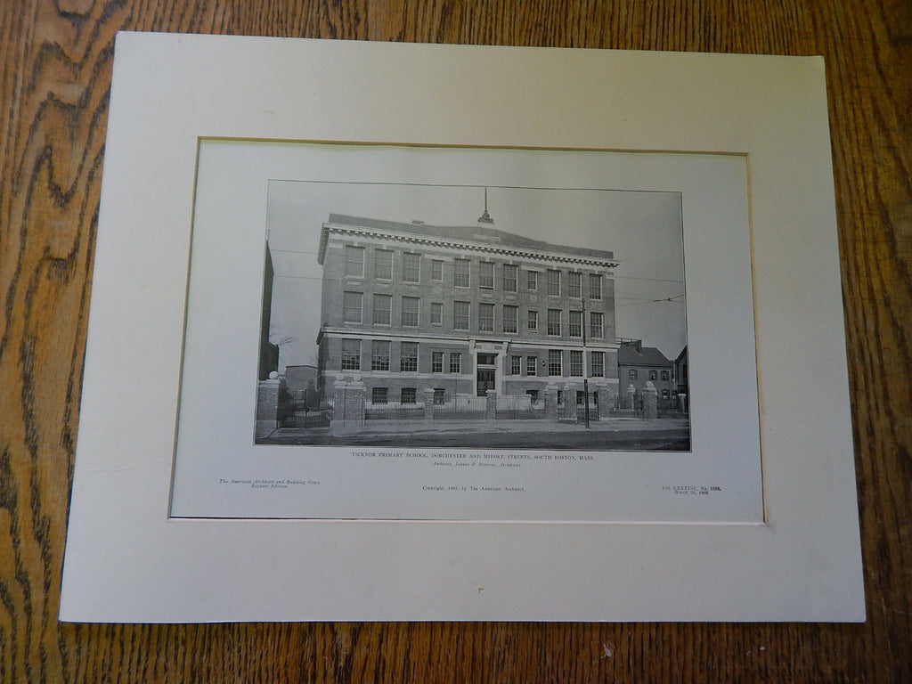 Ticknor Primary School, Dorchester/ Middle Streets, South Boston, 1905, Litho. Andrews, Jaques & Rantoul.