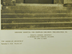 Shriners' Hospital for Crippled Children, Philadelphia, PA, 1926, Lithograph. Philip H. Johnson.