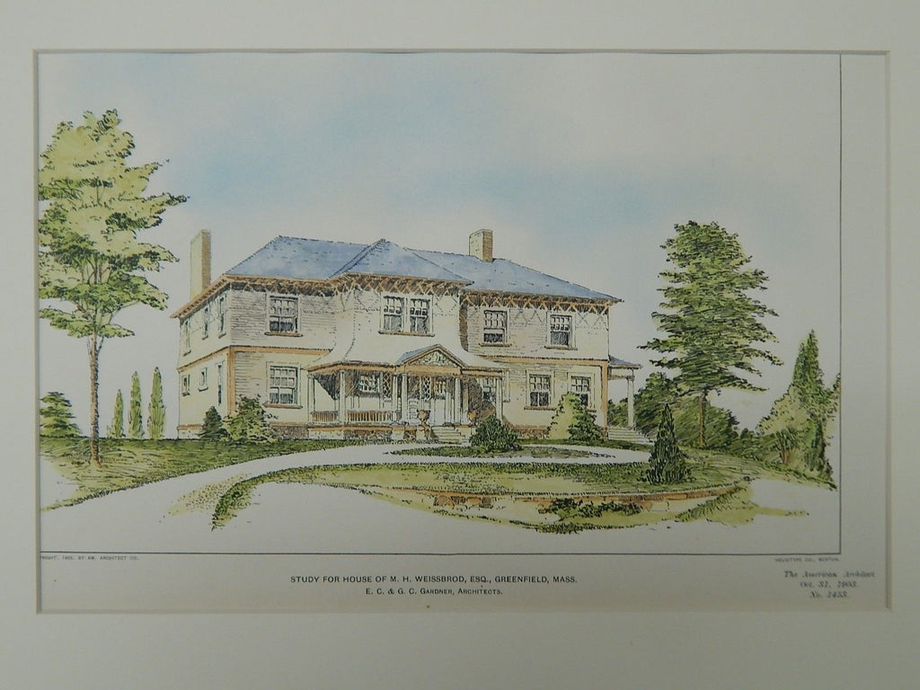 Study for House of M. H. Weissbrod, Esq., Greenfield, MA, 1903, Original Plan. E. C. &. G. C. Gardner.
